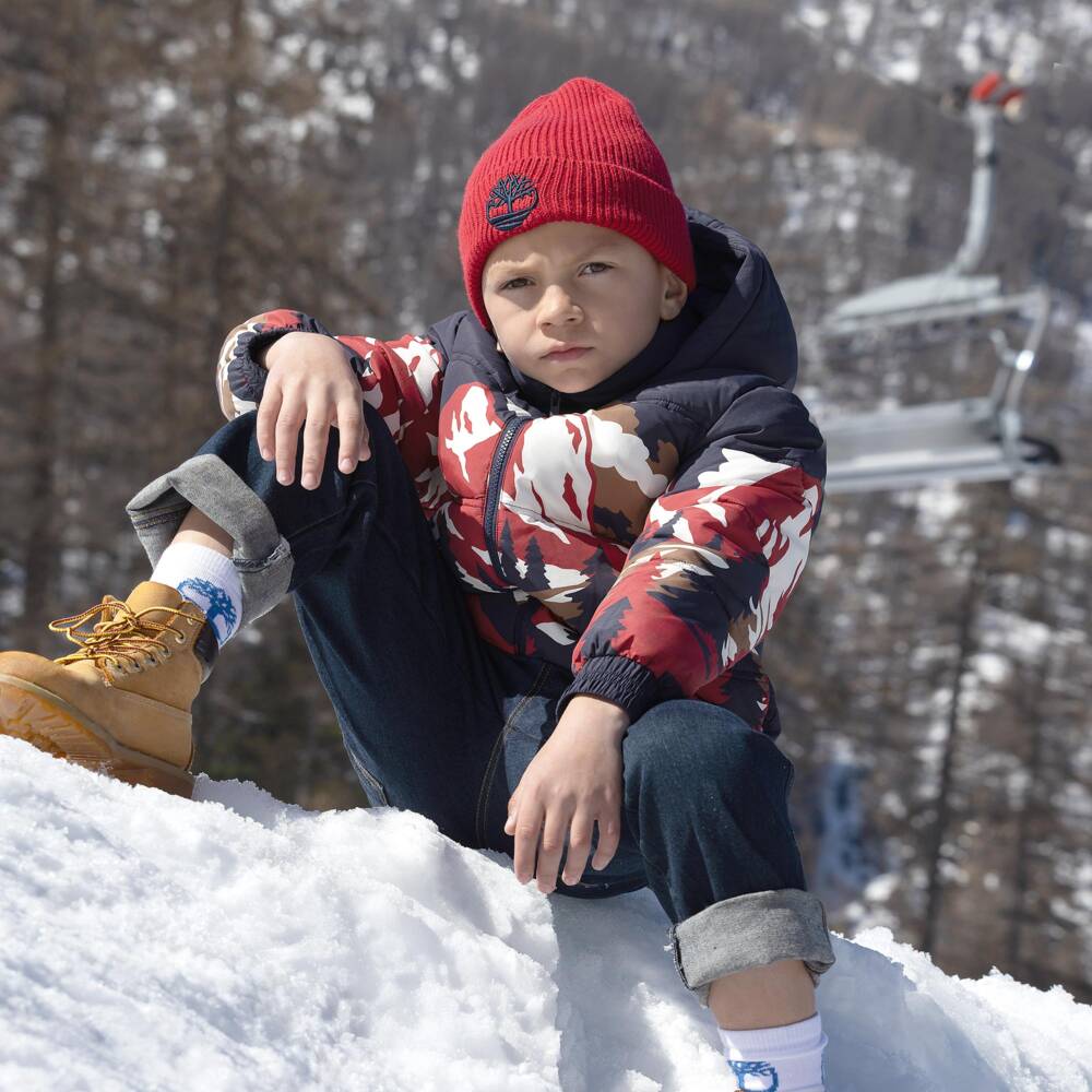 Timberland-Boys Navy Blue Puffer Jacket with Mountain Scene | Childrensalon