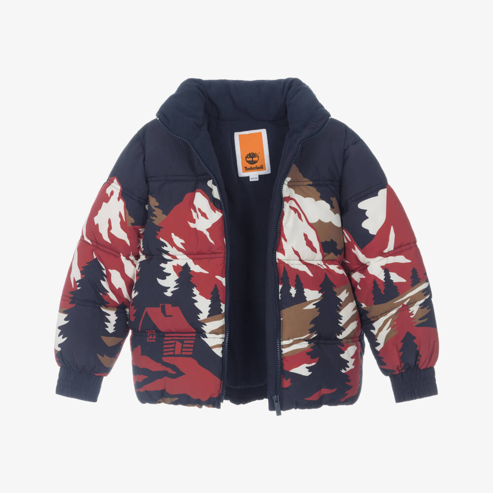 Timberland-Boys Navy Blue Puffer Jacket with Mountain Scene | Childrensalon