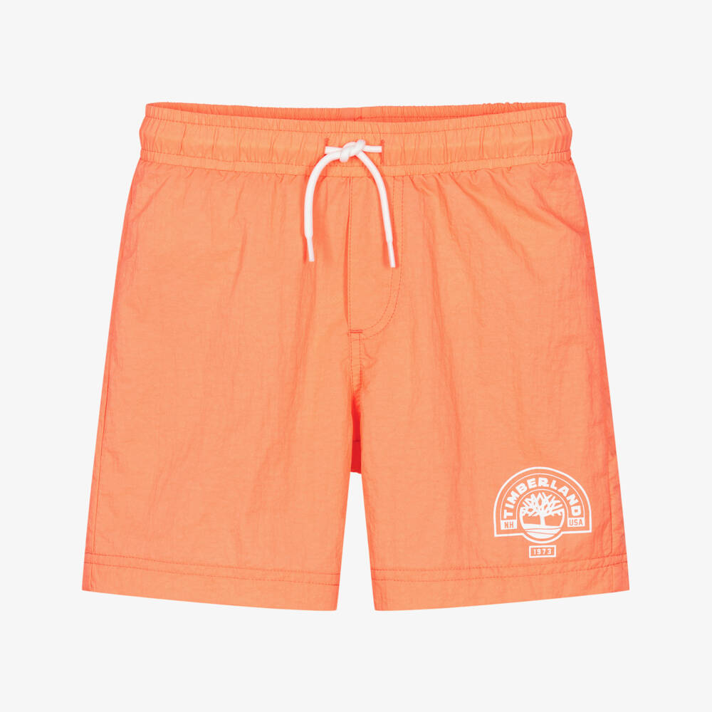 Timberland-Boys Neon Orange Swim Shorts with White Logo Print | Childrensalon