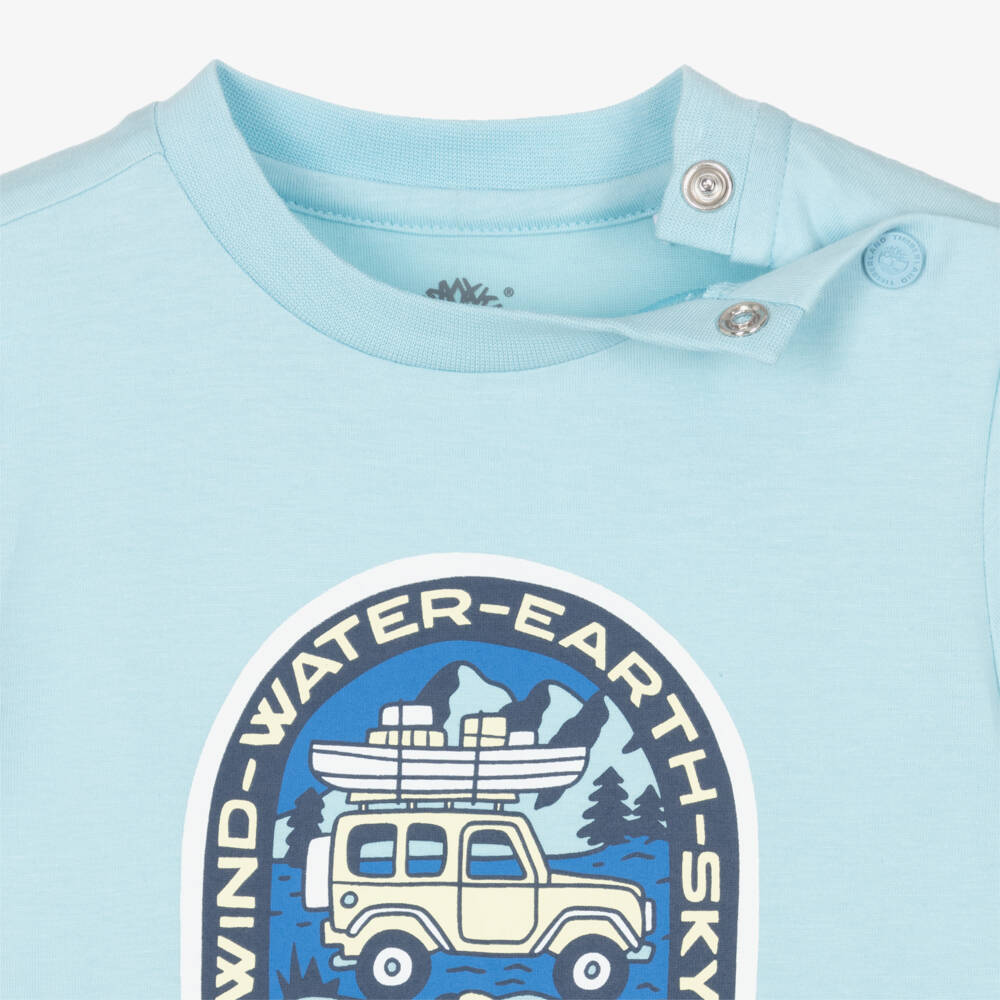 Timberland-Boys Pale Blue Cotton T-Shirt with Four Elements Print | Childrensalon