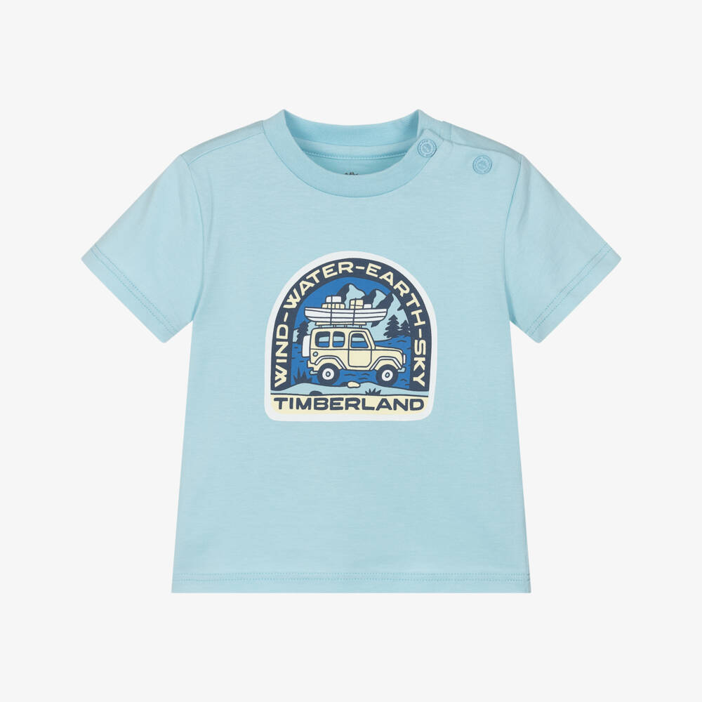Timberland-Boys Pale Blue Cotton T-Shirt with Four Elements Print | Childrensalon