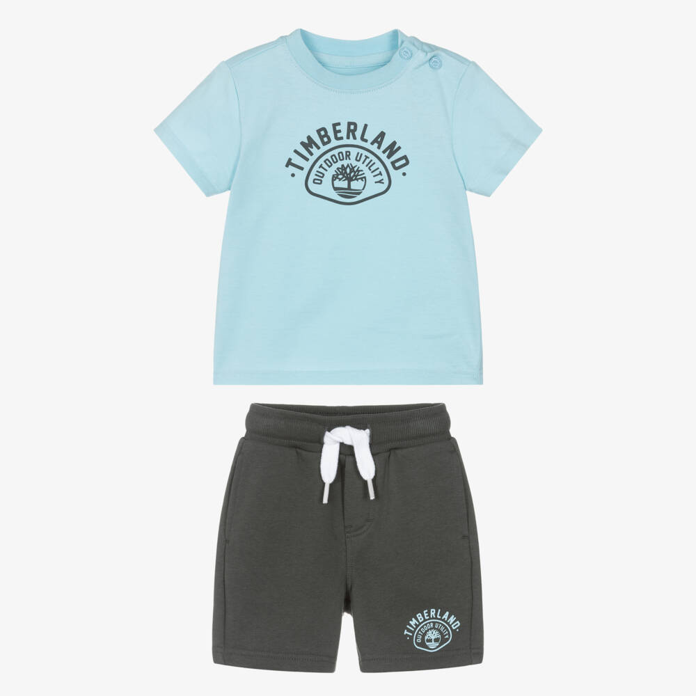 Timberland-Boys Pale Blue & Dark Grey Cotton Shorts Set | Childrensalon