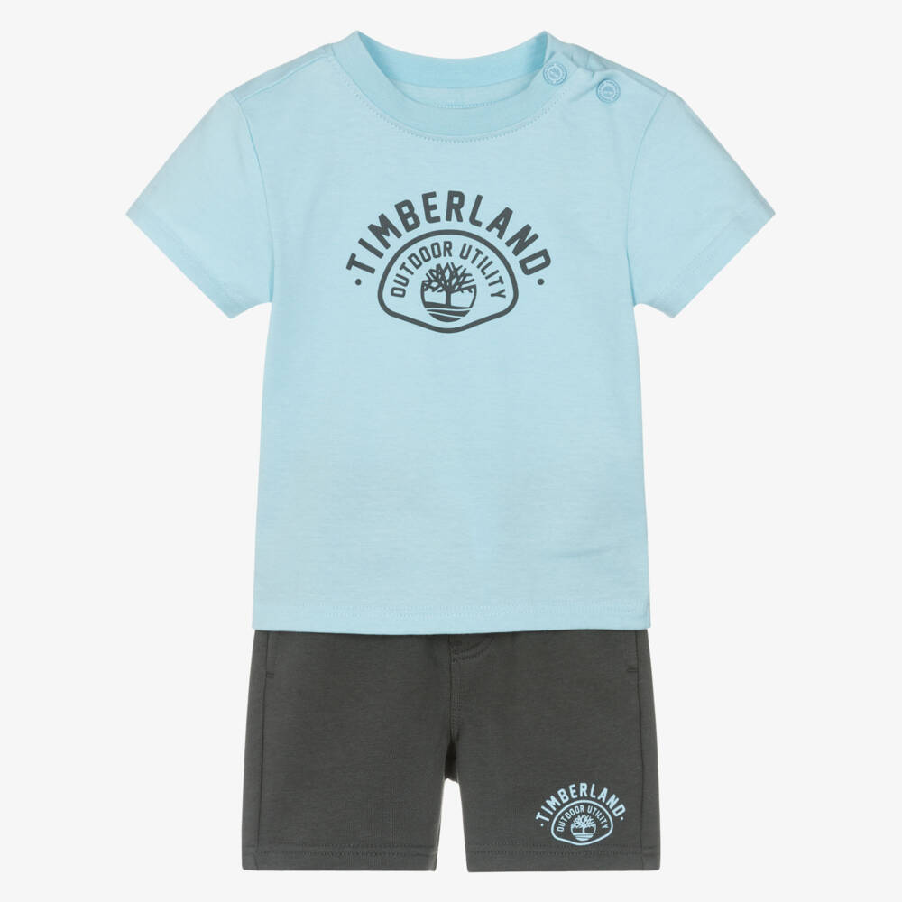 Timberland-Boys Pale Blue & Dark Grey Cotton Shorts Set | Childrensalon