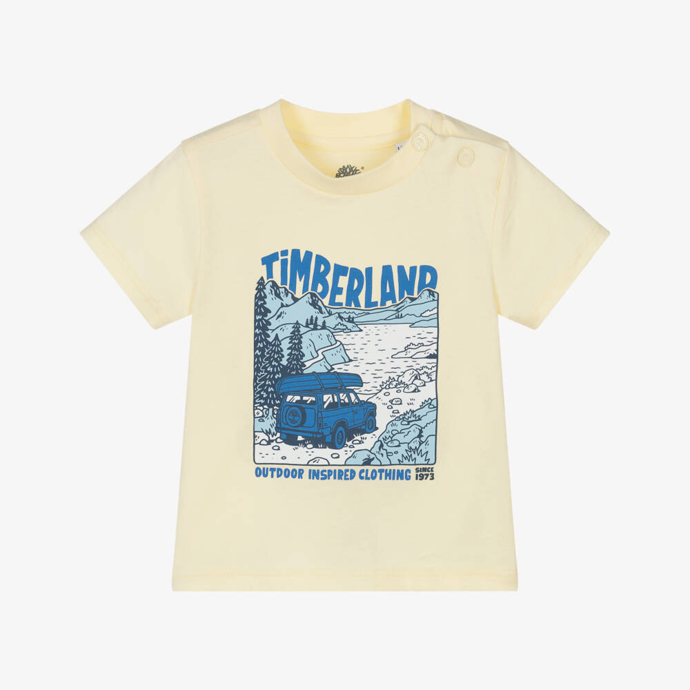 Timberland-Boys Pale Yellow Cotton T-Shirt with Outdoors Print | Childrensalon