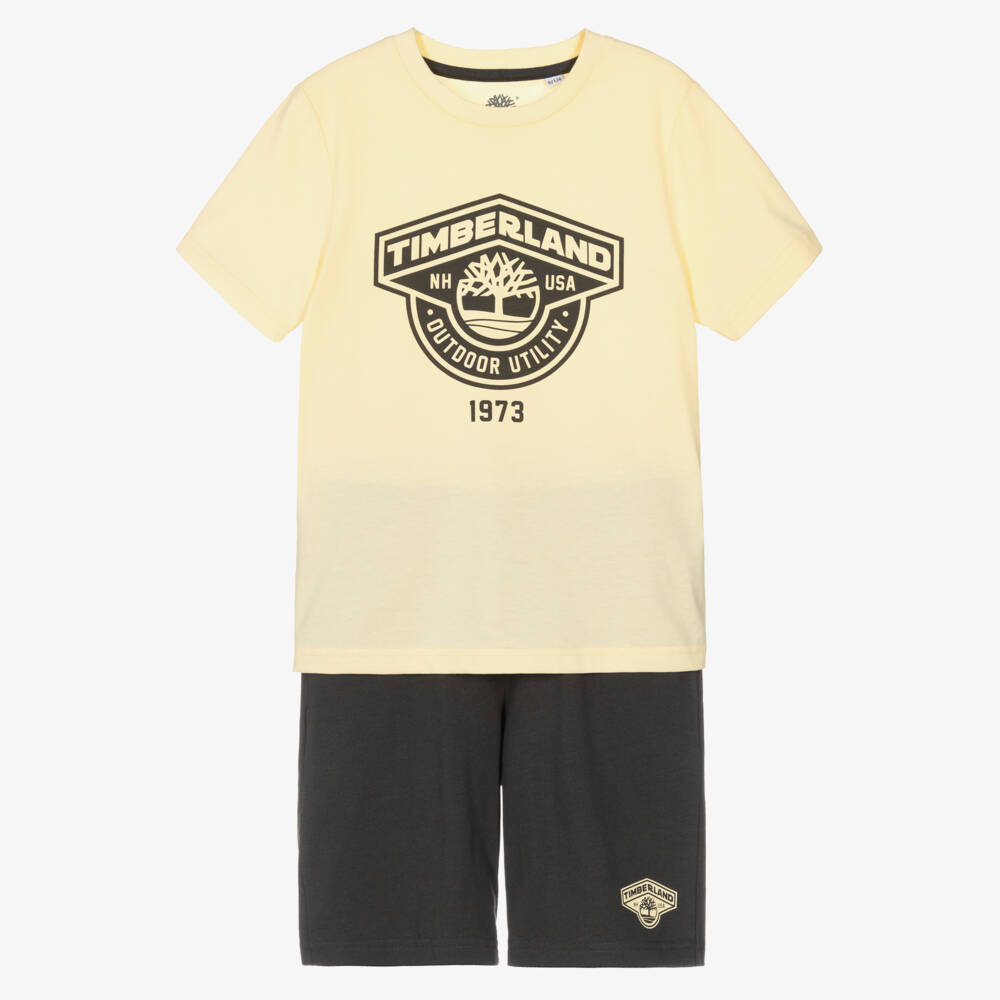 Timberland-Boys Pale Yellow & Dark Grey Cotton Shorts Set | Childrensalon