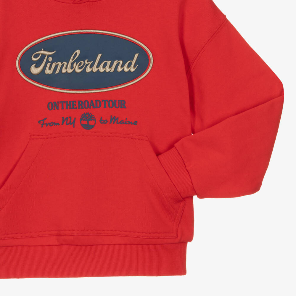 Timberland-Boys Red Jersey Hoodie with Blue & Gold Retro Logo | Childrensalon