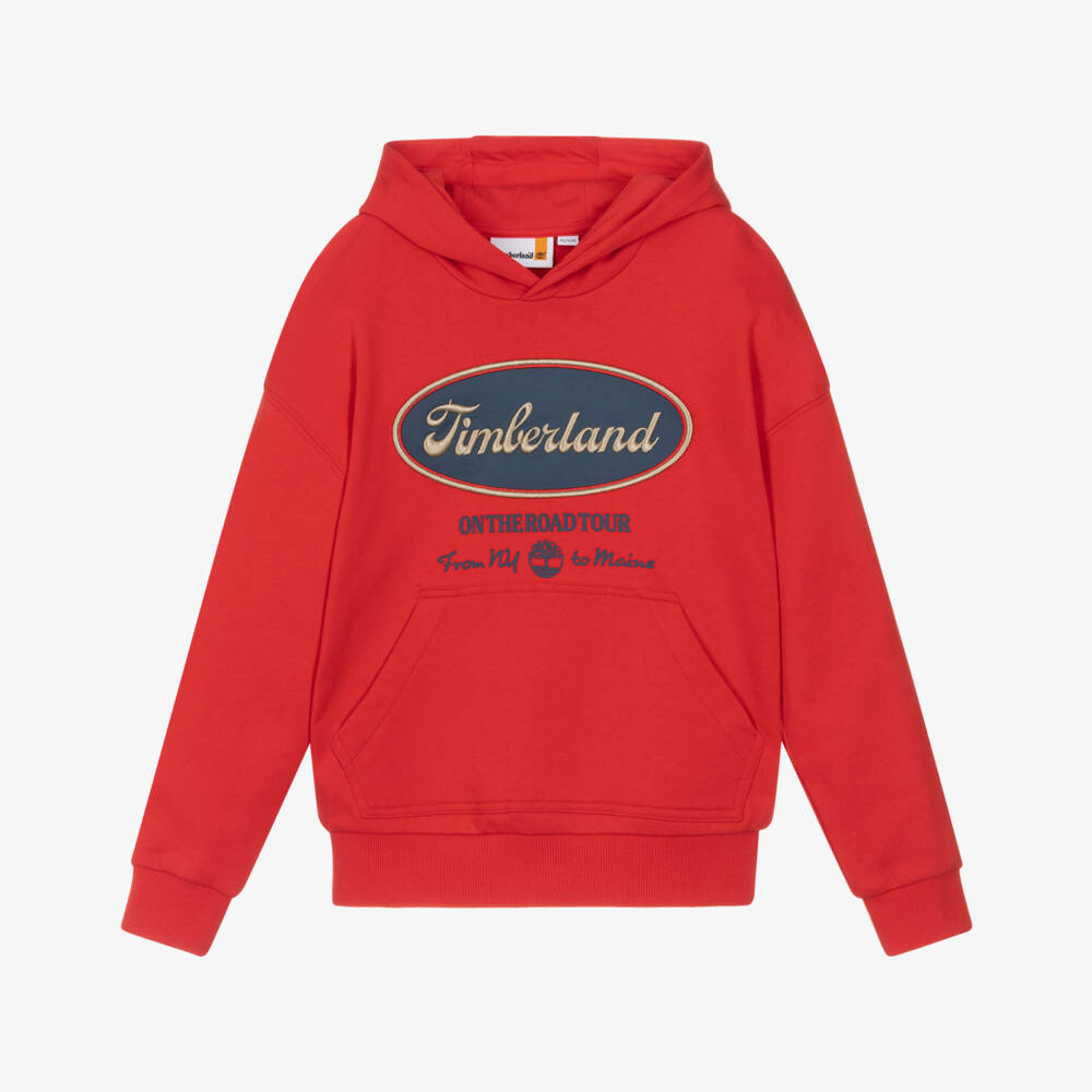 Timberland-Boys Red Jersey Hoodie with Blue & Gold Retro Logo | Childrensalon