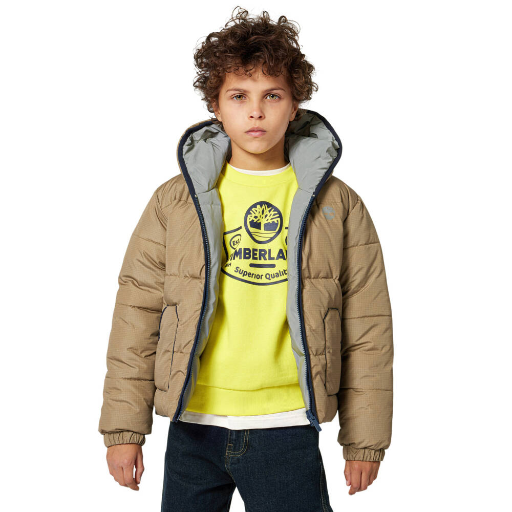 Timberland-جاكيت منفوخ بوجهين لون بيج وفضي للأولاد | Childrensalon