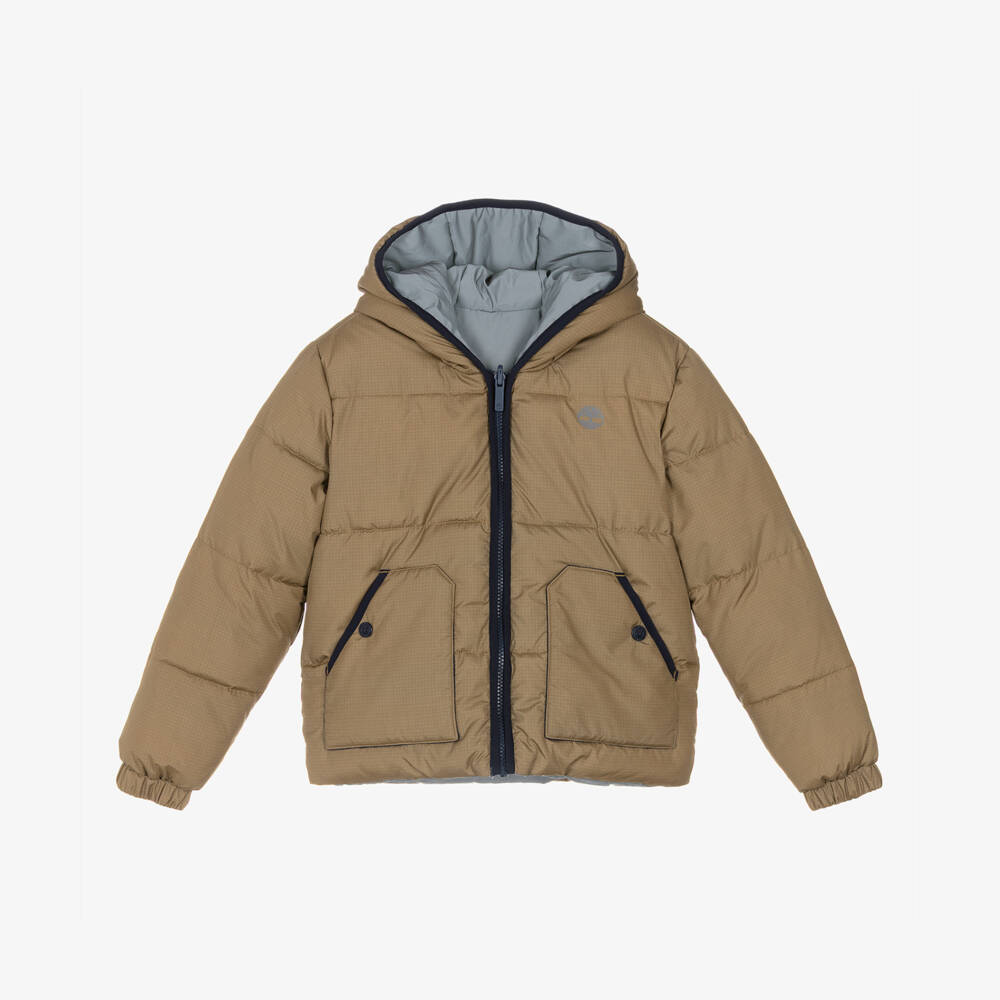 Timberland-جاكيت منفوخ بوجهين لون بيج وفضي للأولاد | Childrensalon