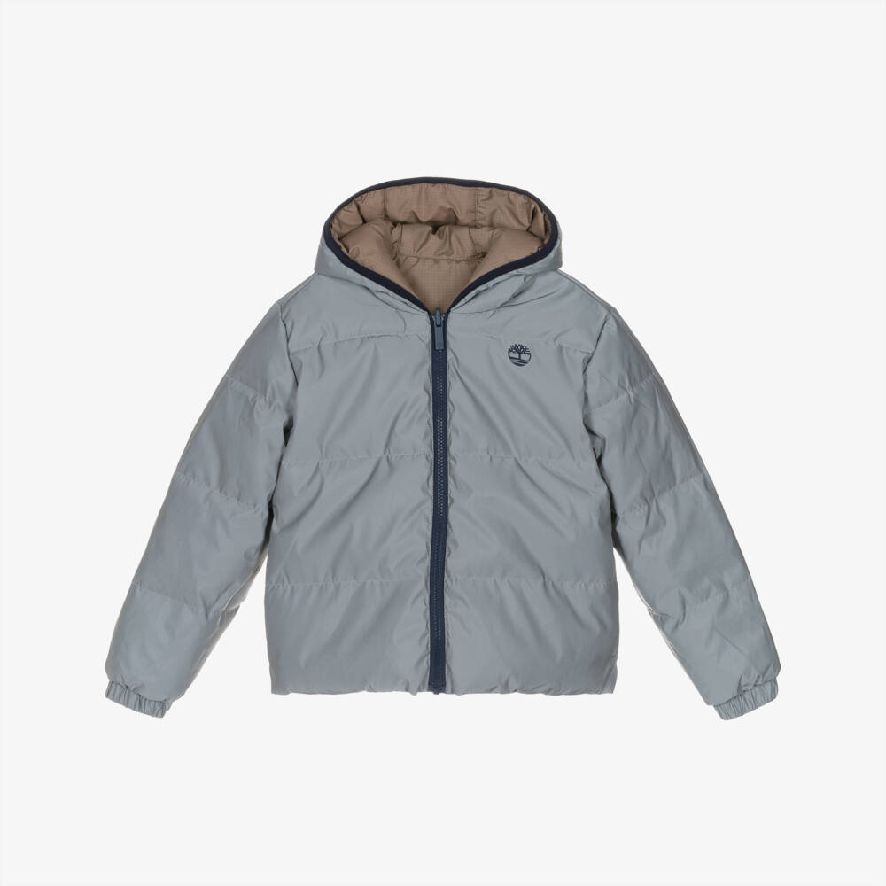 Timberland-جاكيت منفوخ بوجهين لون بيج وفضي للأولاد | Childrensalon