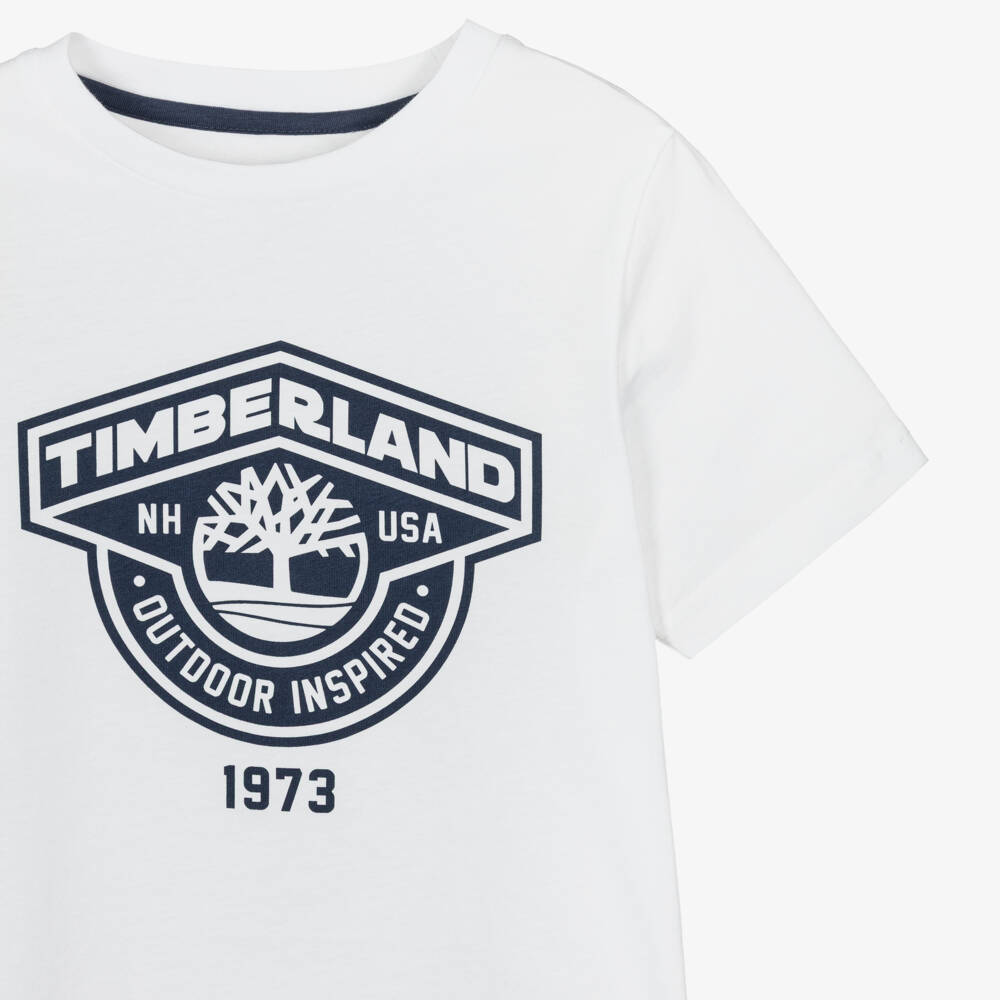 Timberland-Boys White & Navy Blue Cotton Shorts Set | Childrensalon