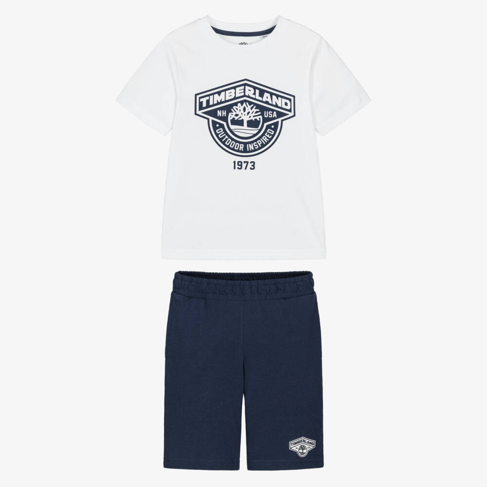 Timberland-Boys White & Navy Blue Cotton Shorts Set | Childrensalon