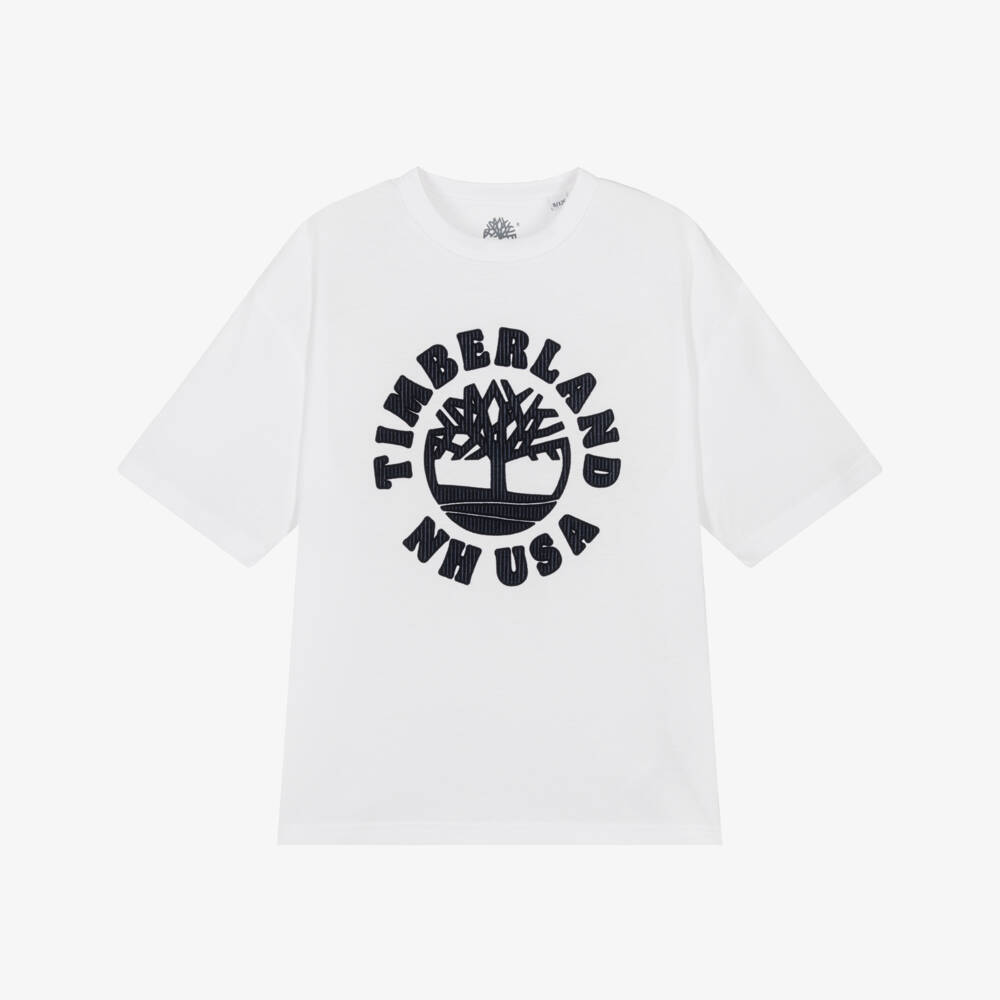 Timberland-Boys White Organic Cotton Logo T-Shirt | Childrensalon