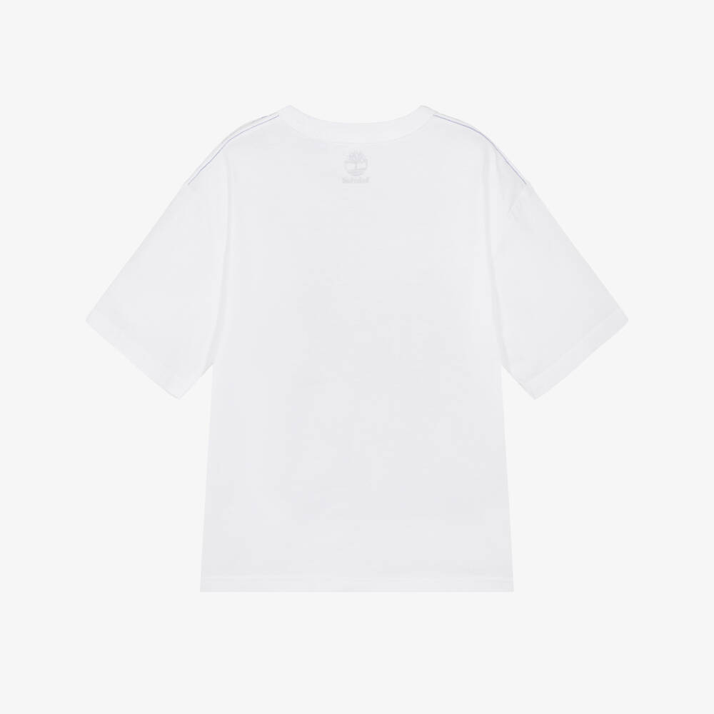 Timberland-Boys White Organic Cotton T-Shirt with Mountain Bear Logo | Childrensalon