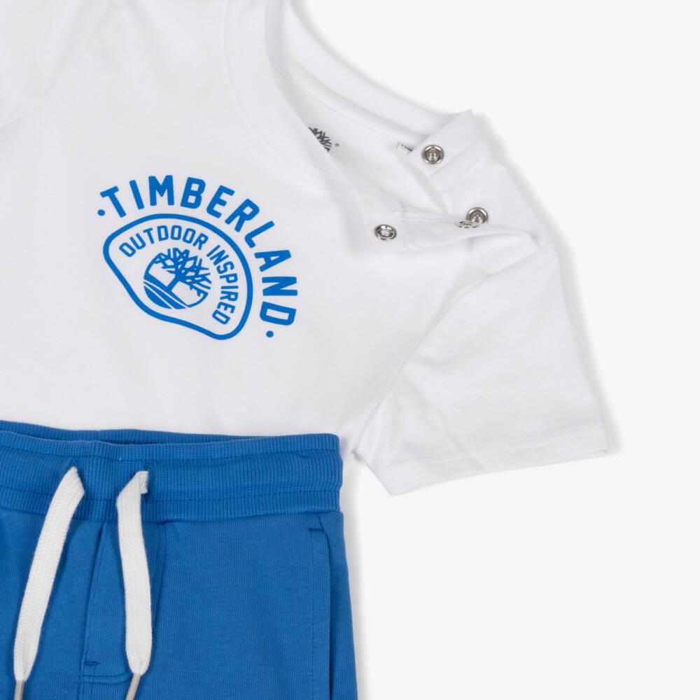 Timberland-Boys White & Vibrant Blue Cotton Shorts Set | Childrensalon