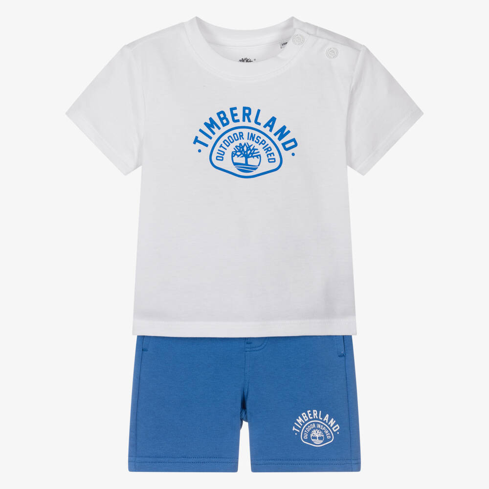 Timberland-Boys White & Vibrant Blue Cotton Shorts Set | Childrensalon