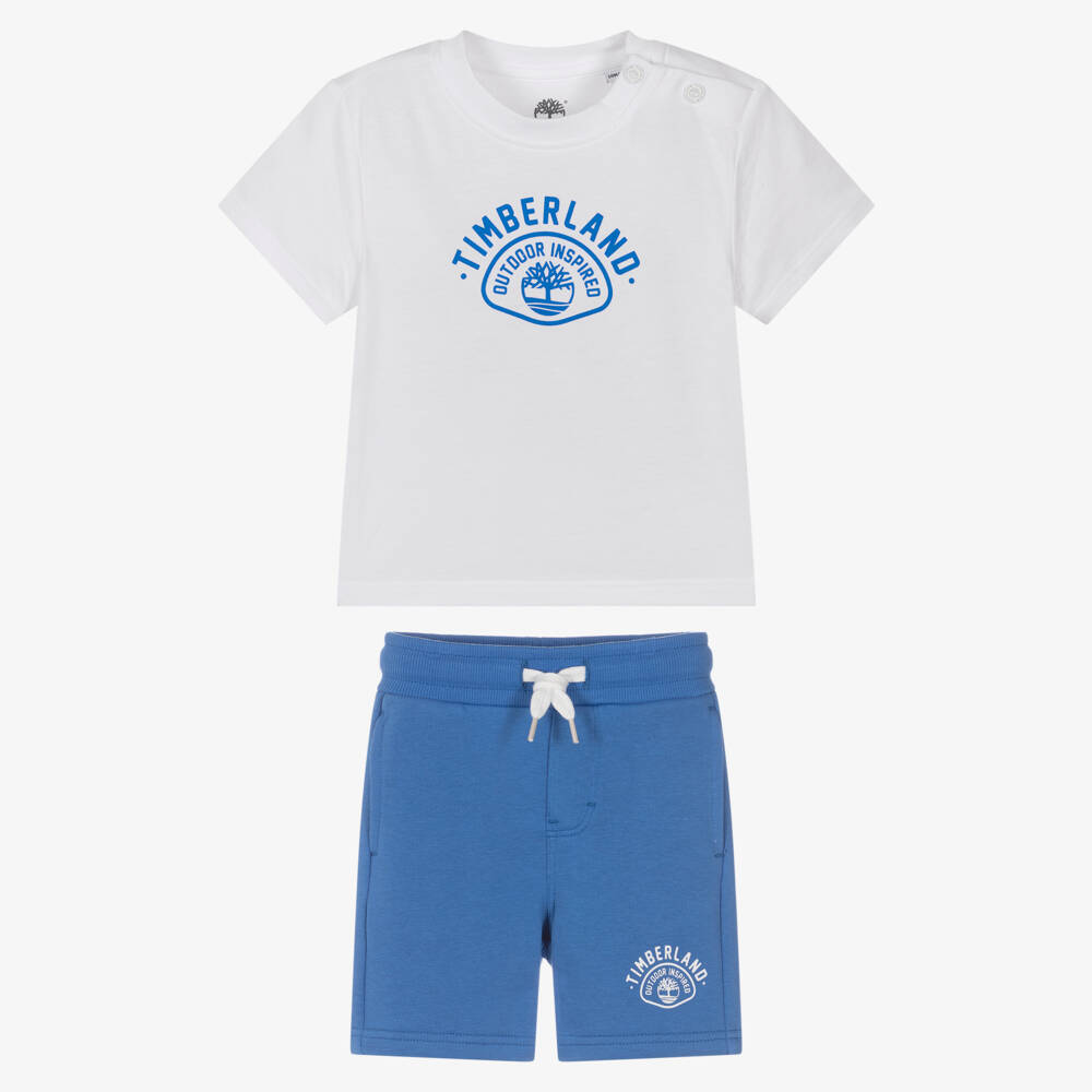 Timberland-Boys White & Vibrant Blue Cotton Shorts Set | Childrensalon