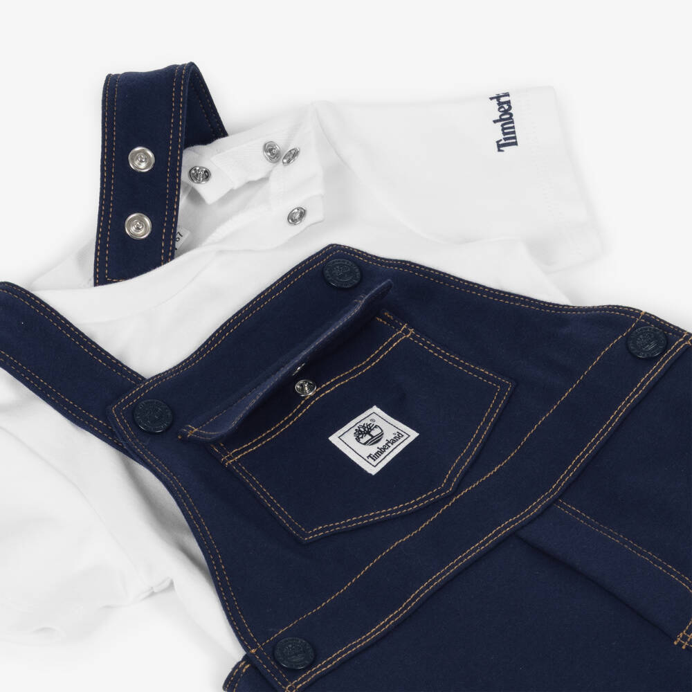 Timberland-Baby Boys Navy Blue Cotton Jersey Dungaree Shorts Set | Childrensalon
