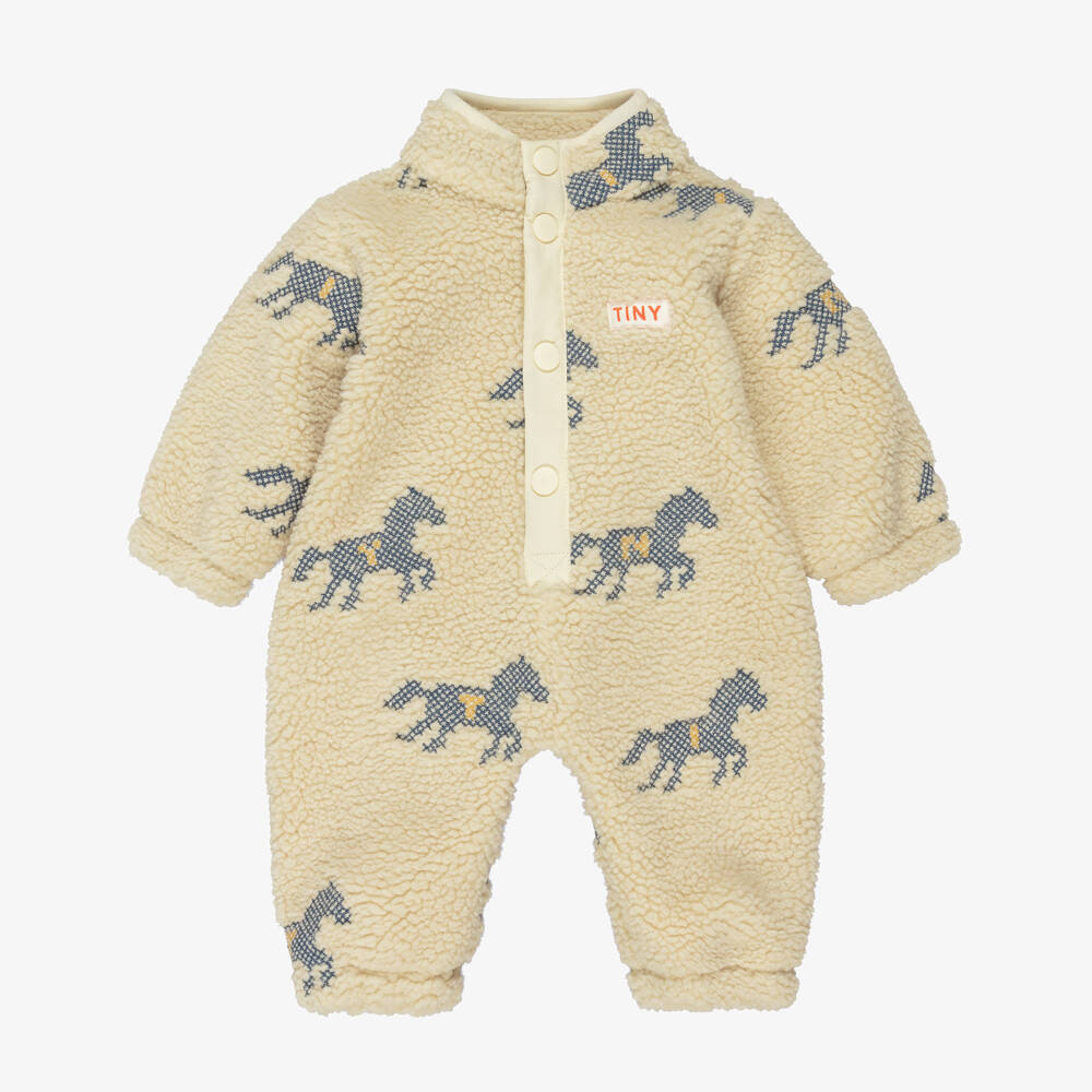 Tinycottons-Baby Girls Beige Sherpa Fleece Pramsuit with Horse Embroidery | Childrensalon