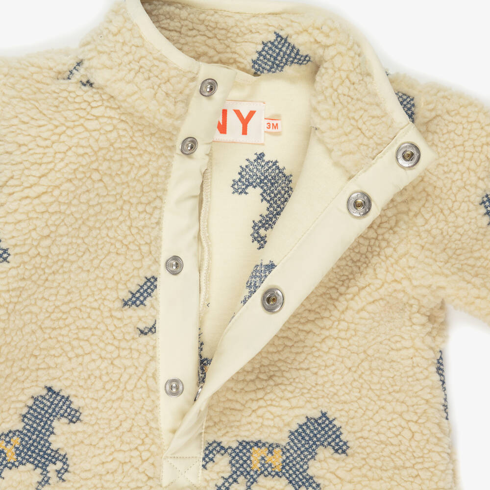 Tinycottons-Baby Girls Beige Sherpa Fleece Pramsuit with Horse Embroidery | Childrensalon