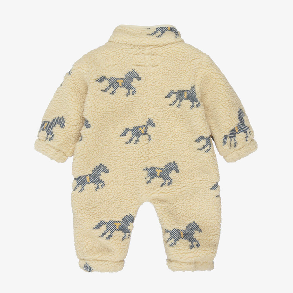 Tinycottons-Baby Girls Beige Sherpa Fleece Pramsuit with Horse Embroidery | Childrensalon
