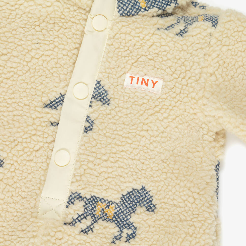 Tinycottons-Baby Girls Beige Sherpa Fleece Pramsuit with Horse Embroidery | Childrensalon