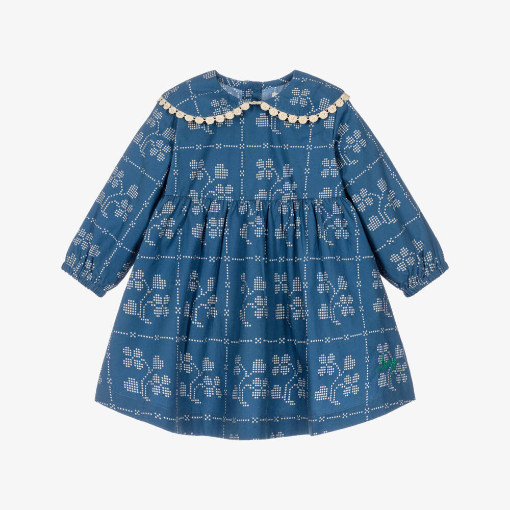 Tinycottons-Baby Girls Blue Cotton Dress with Dotted Flowers | Childrensalon