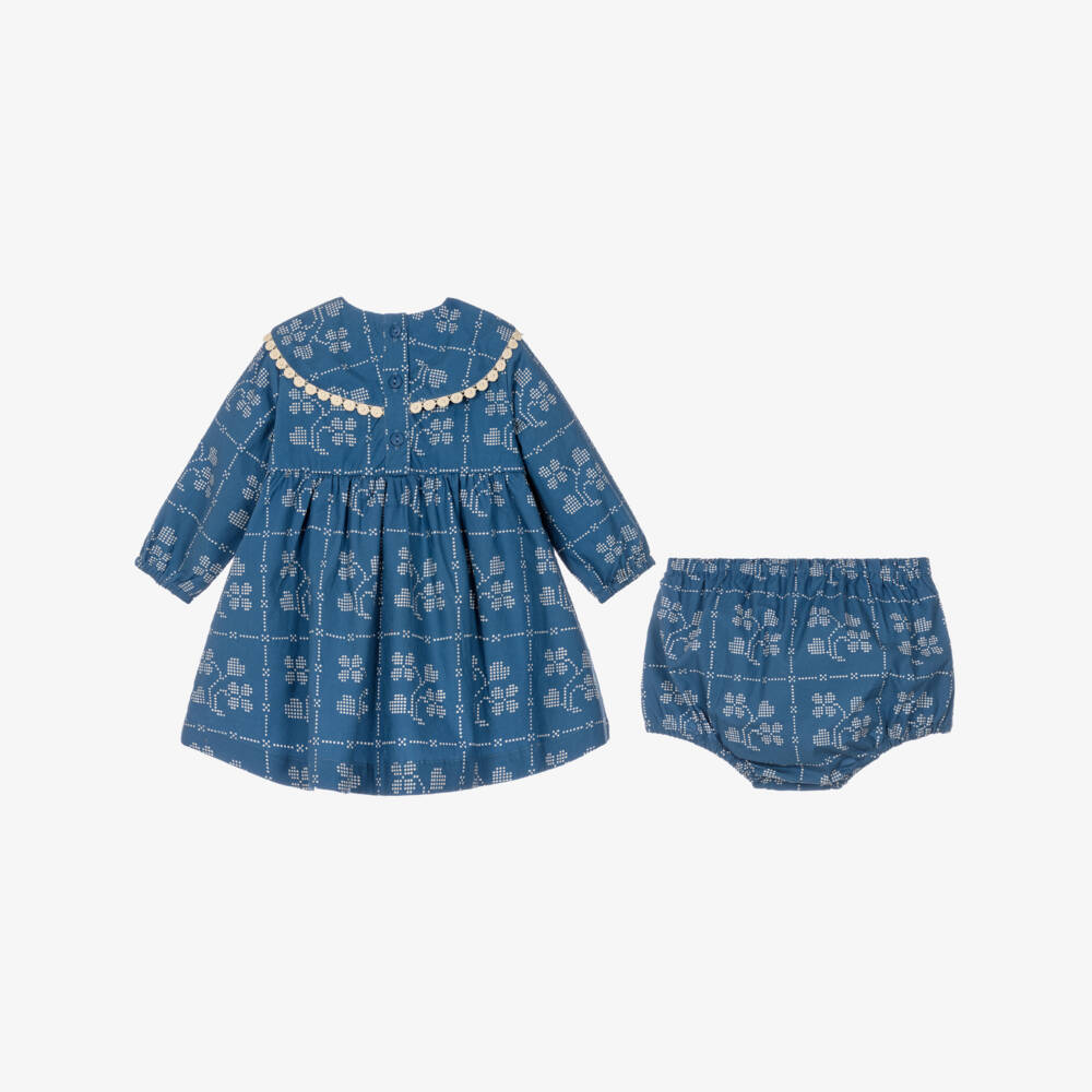 Tinycottons-Baby Girls Blue Cotton Dress with Dotted Flowers | Childrensalon