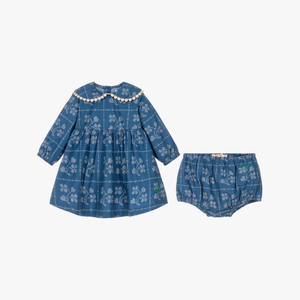 Tinycottons-Baby Girls Blue Cotton Dress with Dotted Flowers | Childrensalon