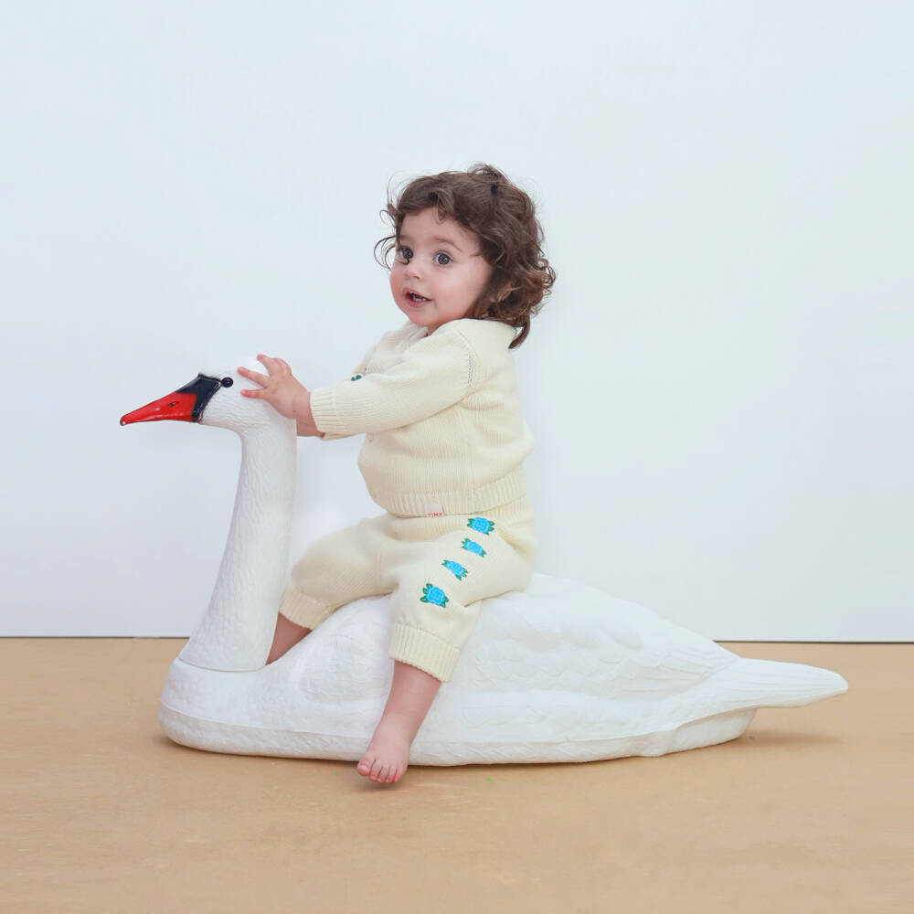 Tinycottons-Baby Girls Ivory Embroidered Floral Cotton Knit Trousers | Childrensalon