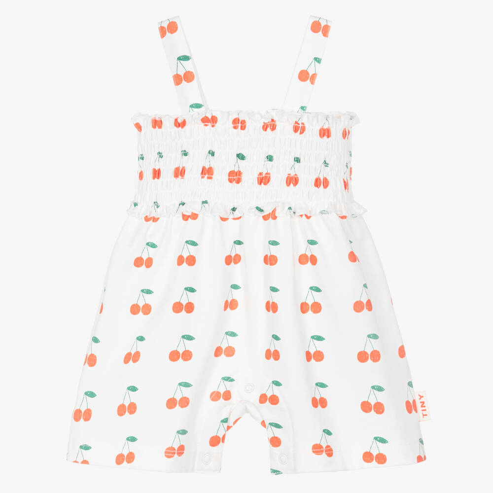 Tinycottons-Baby Girls White Cherry Print Cotton Jersey Playsuit | Childrensalon