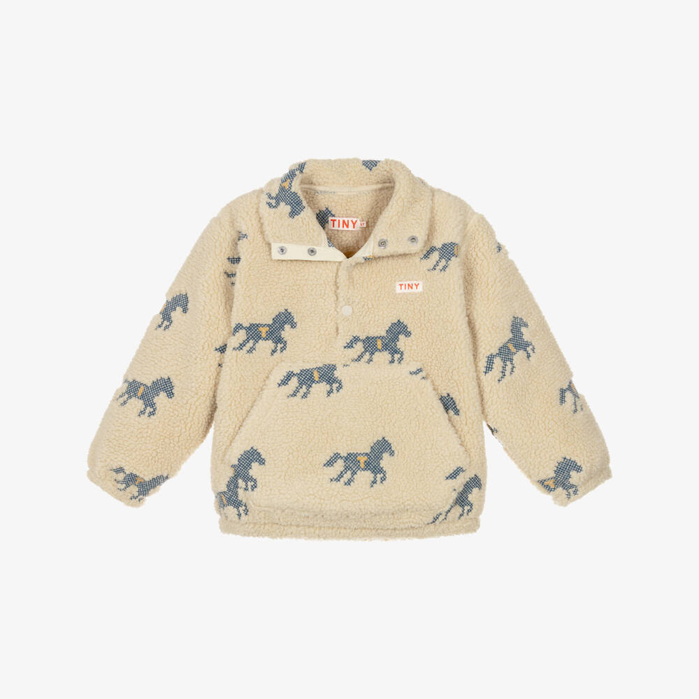 Tinycottons-Girls Beige Sherpa Fleece Horses Sweatshirt | Childrensalon