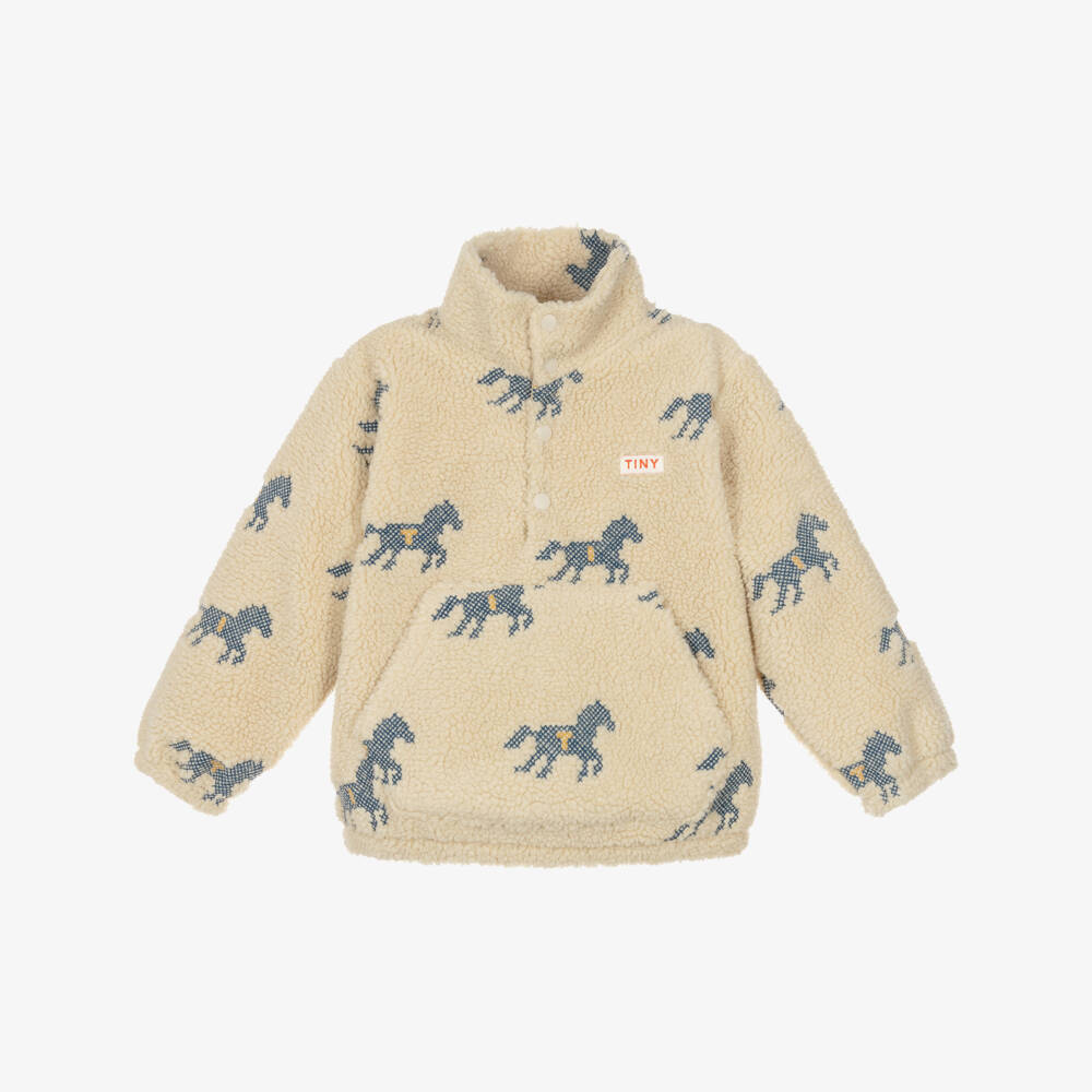 Tinycottons-Girls Beige Sherpa Fleece Horses Sweatshirt | Childrensalon