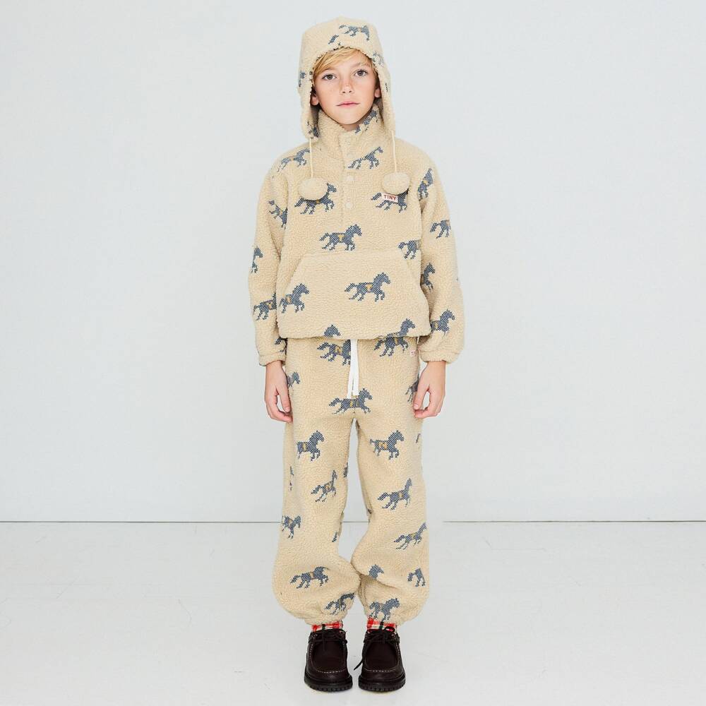Tinycottons-Girls Beige Sherpa Fleece Horses Sweatshirt | Childrensalon