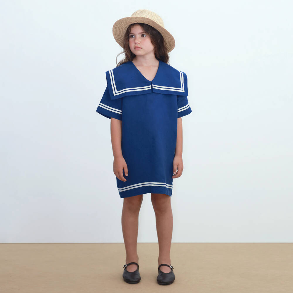Tinycottons-Girls Blue Cotton & Linen Sailor Dress | Childrensalon