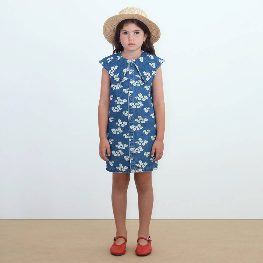 Tinycottons-Girls Blue Denim Floral Print Dress | Childrensalon