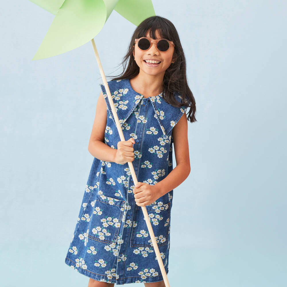 Tinycottons-Girls Blue Denim Floral Print Dress | Childrensalon