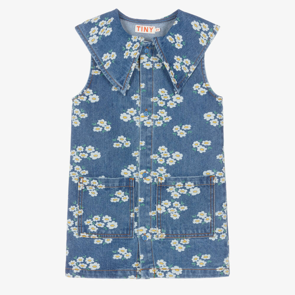 Tinycottons-Girls Blue Denim Floral Print Dress | Childrensalon