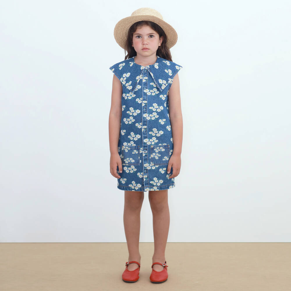 Tinycottons-Girls Blue Denim Floral Print Dress | Childrensalon