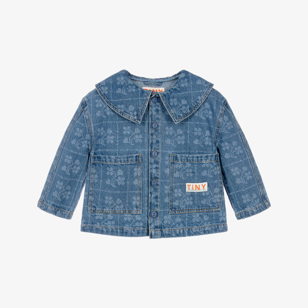 Tinycottons-Girls Blue Denim Jacket with Dotted Flowers | Childrensalon