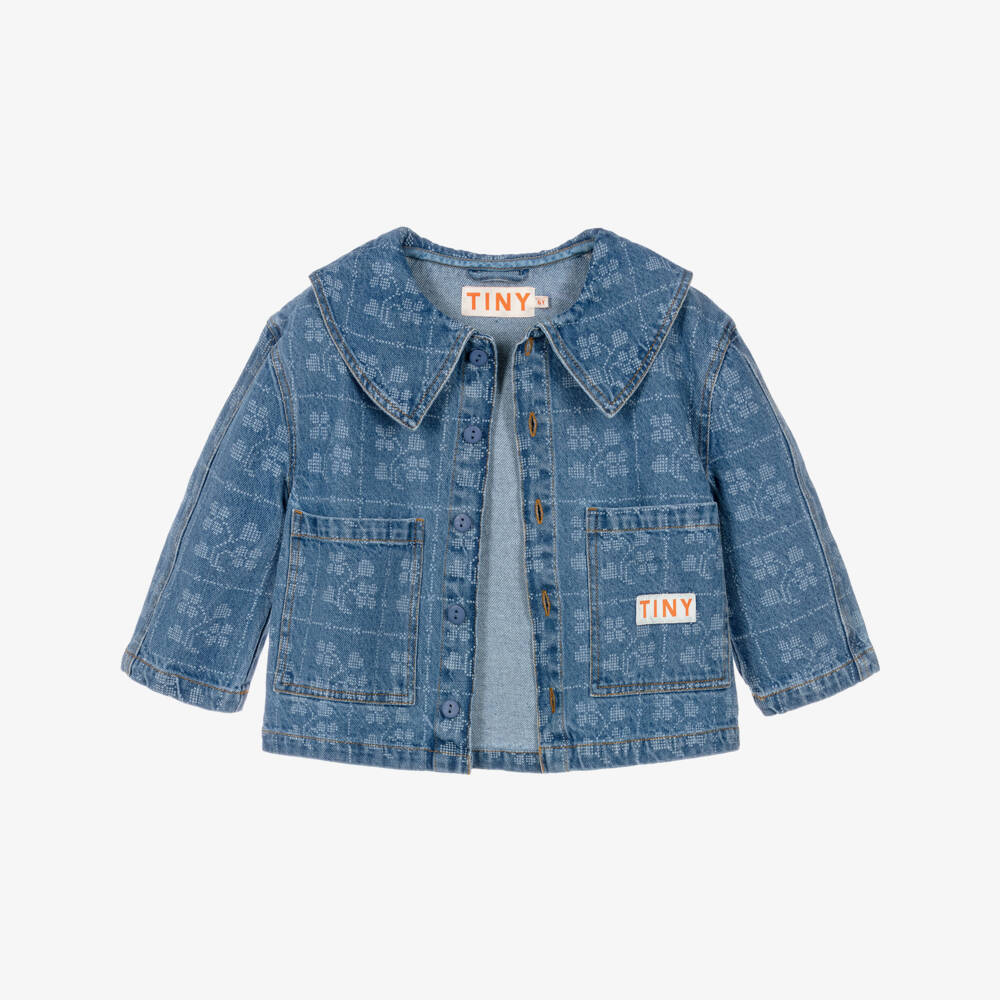 Tinycottons-Girls Blue Denim Jacket with Dotted Flowers | Childrensalon