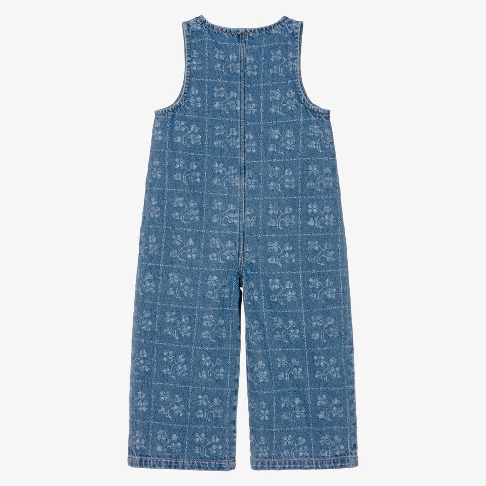 Tinycottons-Girls Blue Denim Jumpsuit with Dotted Flowers | Childrensalon