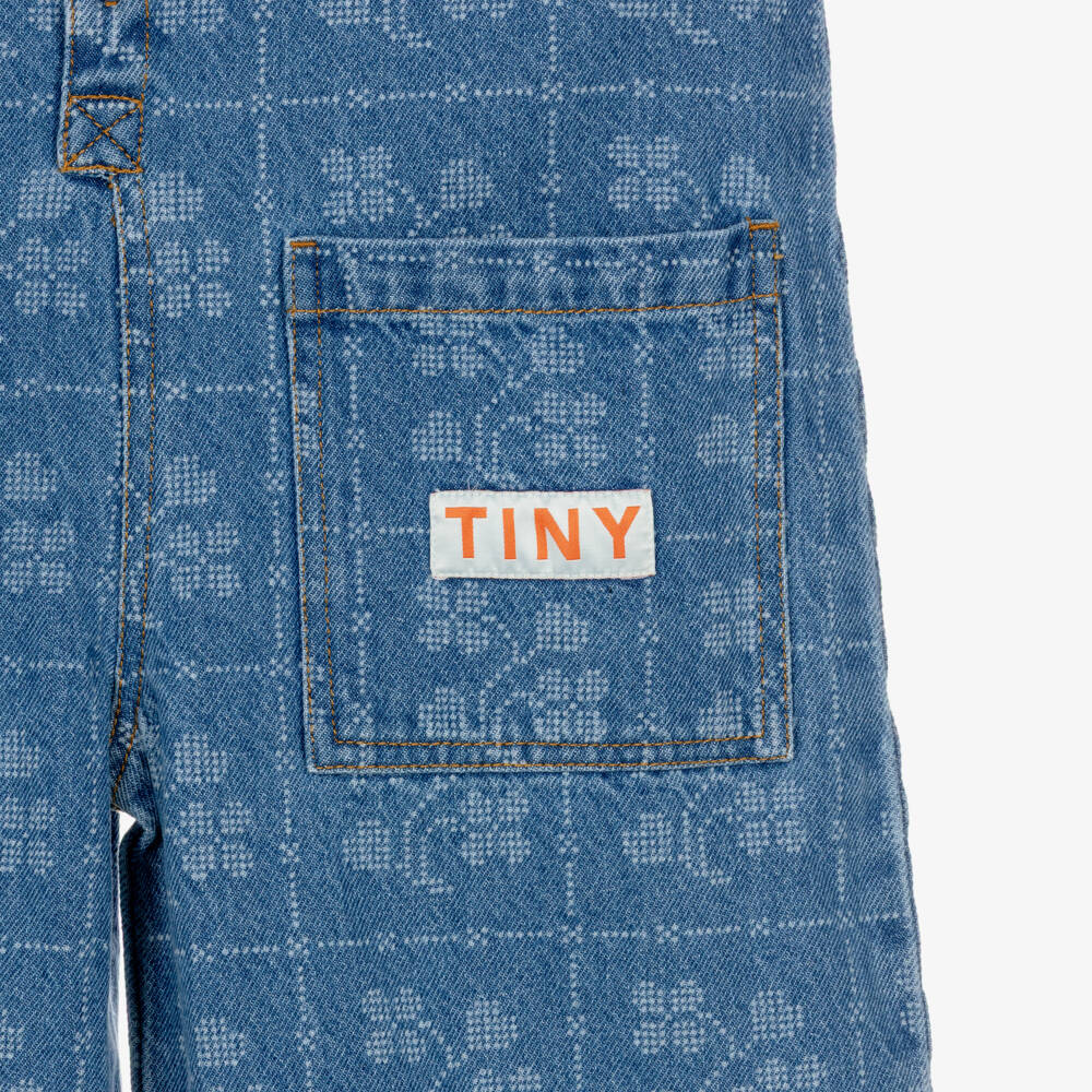 Tinycottons-Girls Blue Denim Jumpsuit with Dotted Flowers | Childrensalon