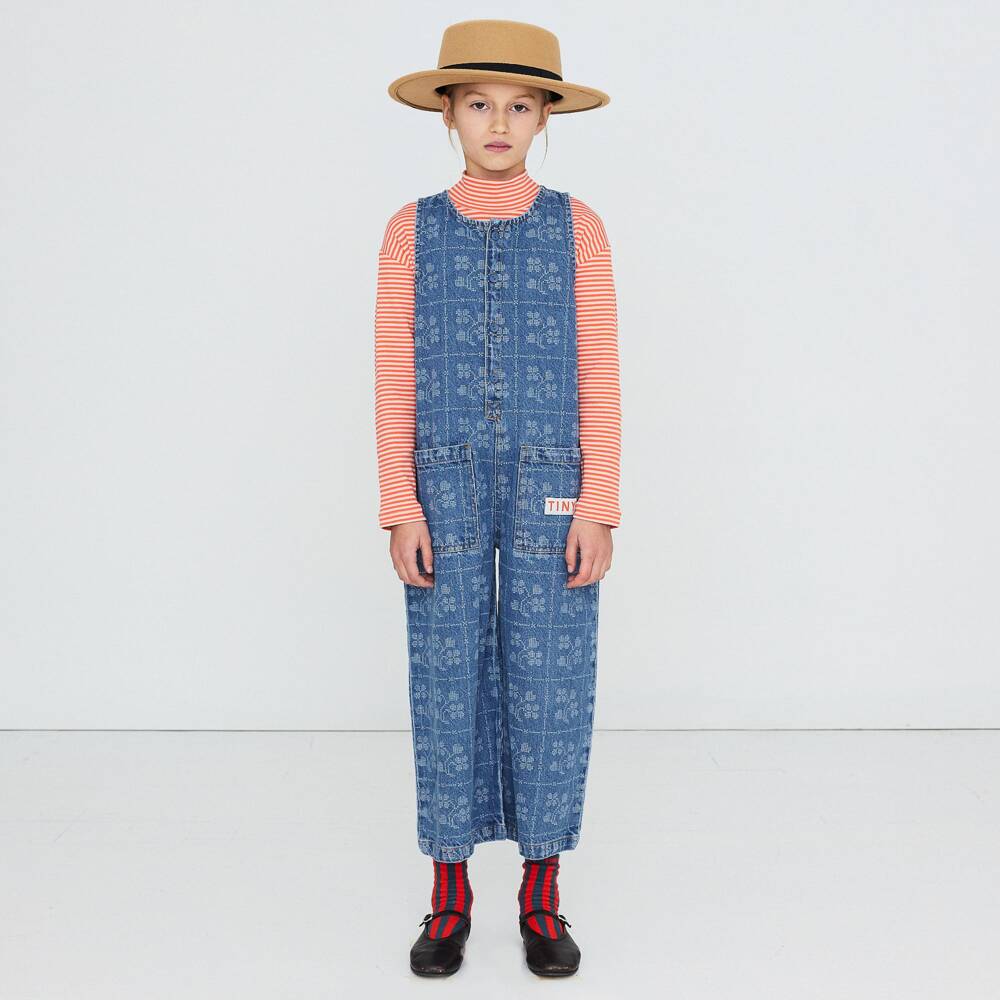 Tinycottons-Girls Blue Denim Jumpsuit with Dotted Flowers | Childrensalon
