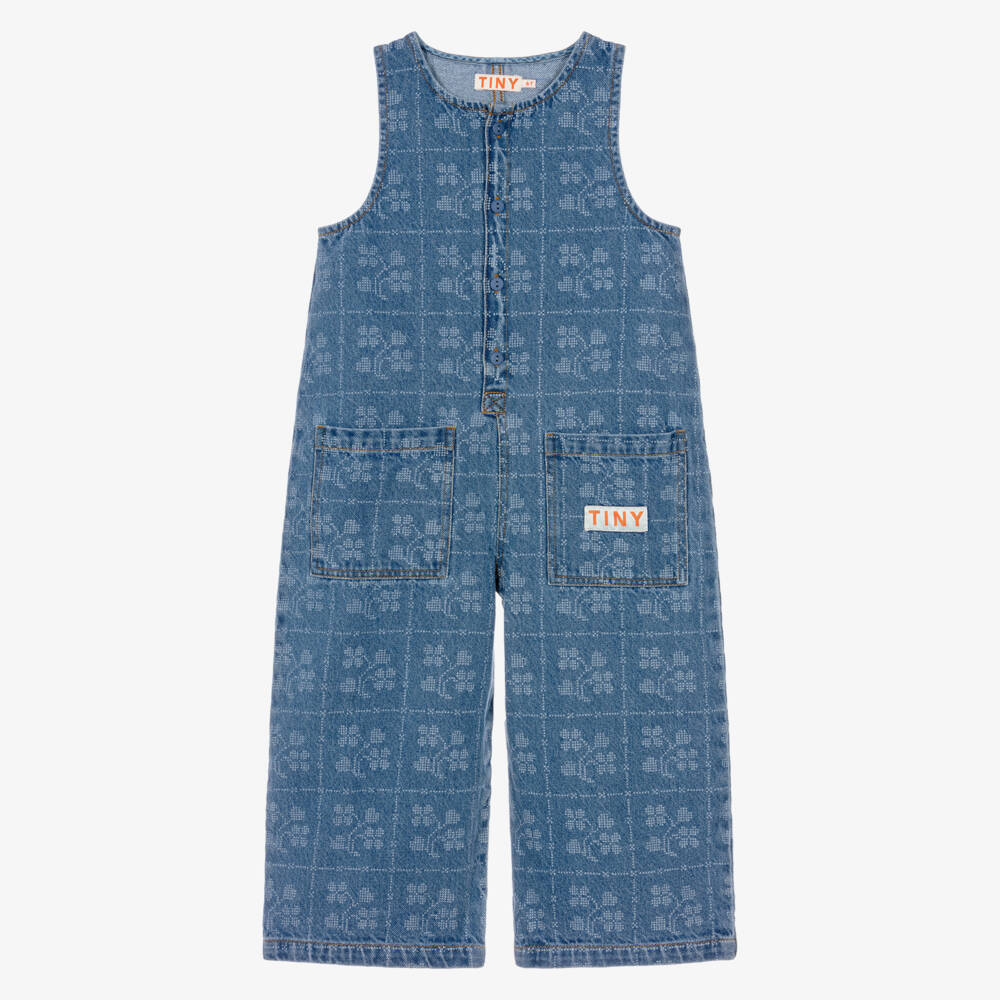 Tinycottons-Girls Blue Denim Jumpsuit with Dotted Flowers | Childrensalon