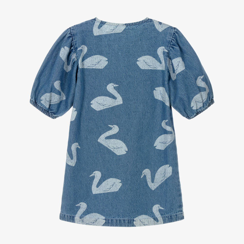 Tinycottons-Girls Blue Denim Swan Print Dress | Childrensalon