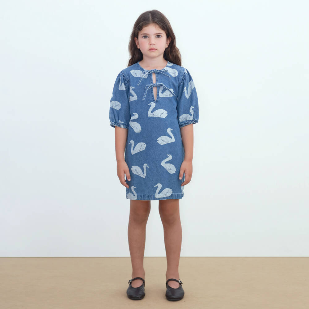 Tinycottons-Girls Blue Denim Swan Print Dress | Childrensalon