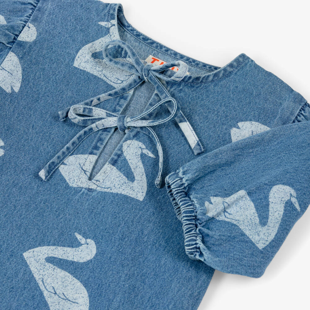 Tinycottons-Girls Blue Denim Swan Print Dress | Childrensalon