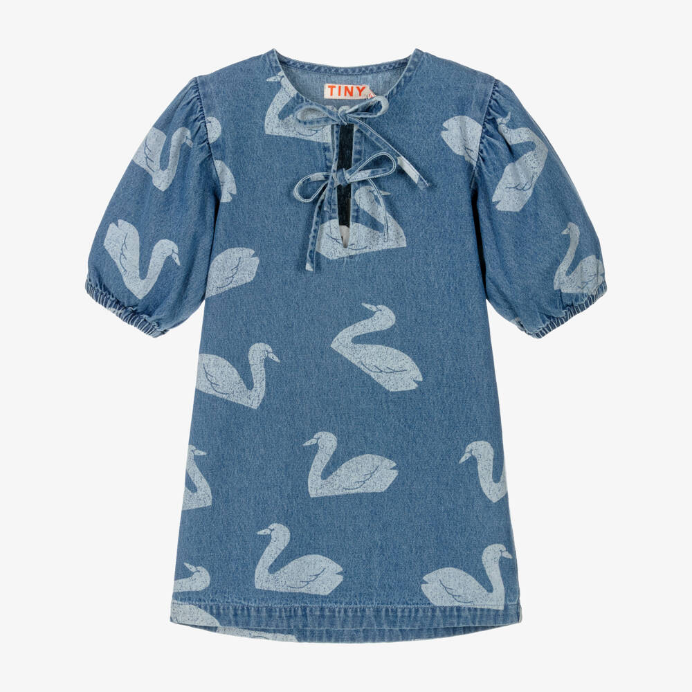 Tinycottons-Girls Blue Denim Swan Print Dress | Childrensalon