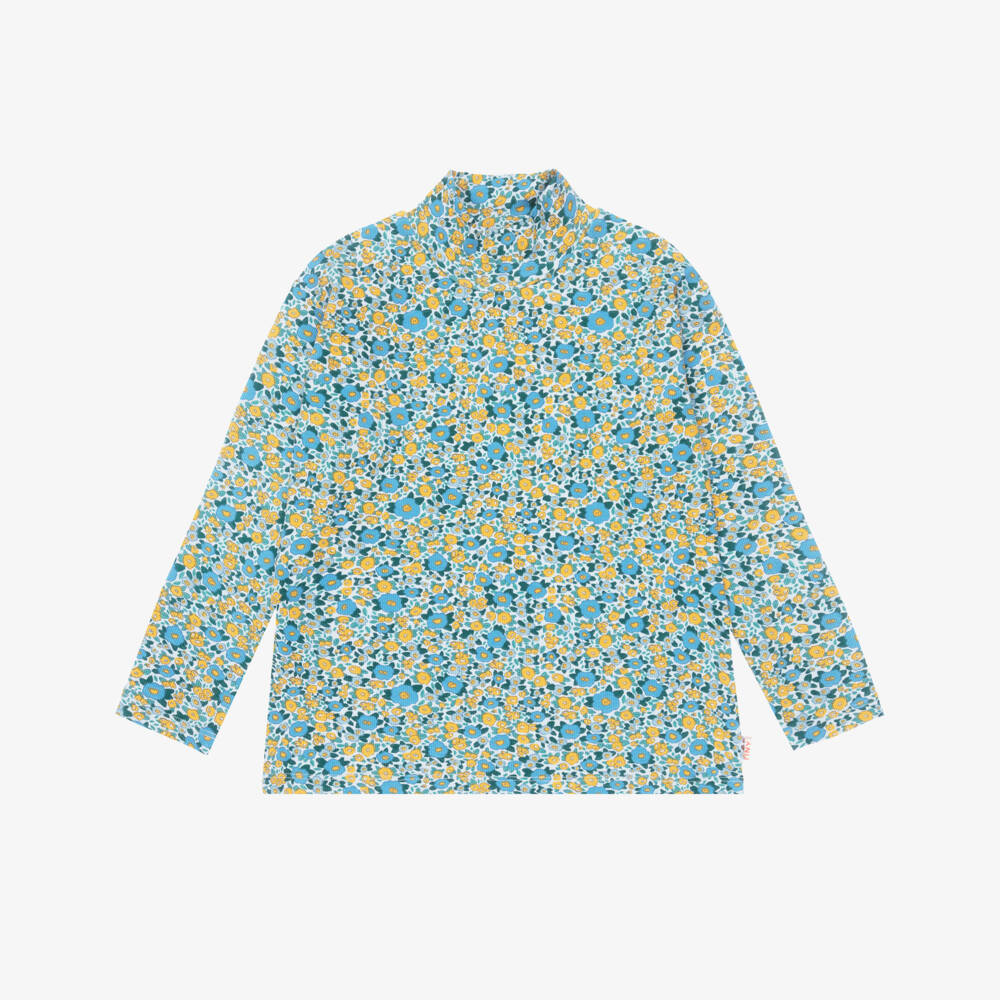 Tinycottons-Girls Blue & Yellow Floral High-Neck Top | Childrensalon